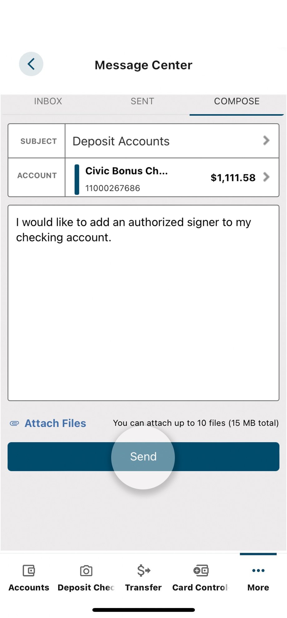 Civic app screen that highlights the selection of the send button.