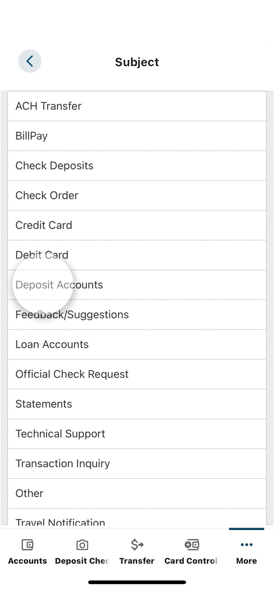 Civic app screen that highlights the selection of deposit account in the dropdown.