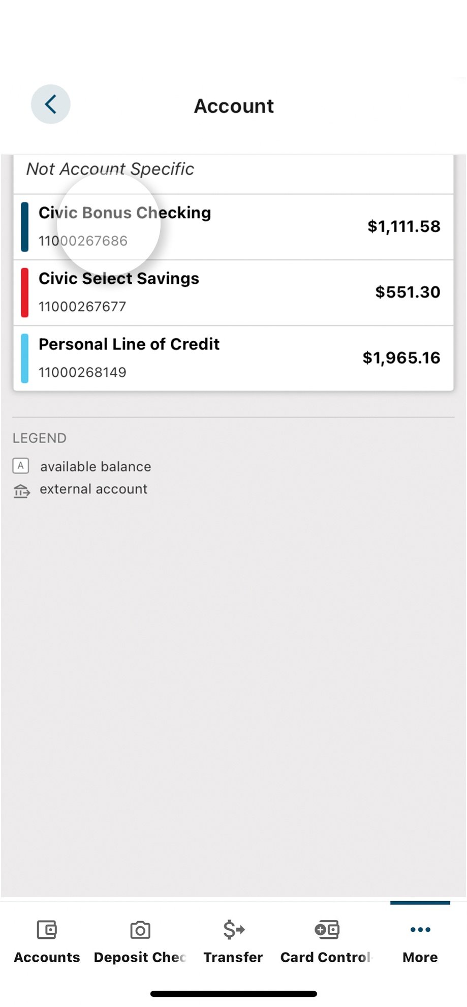 Civic app screen that highlights the selection of an account.