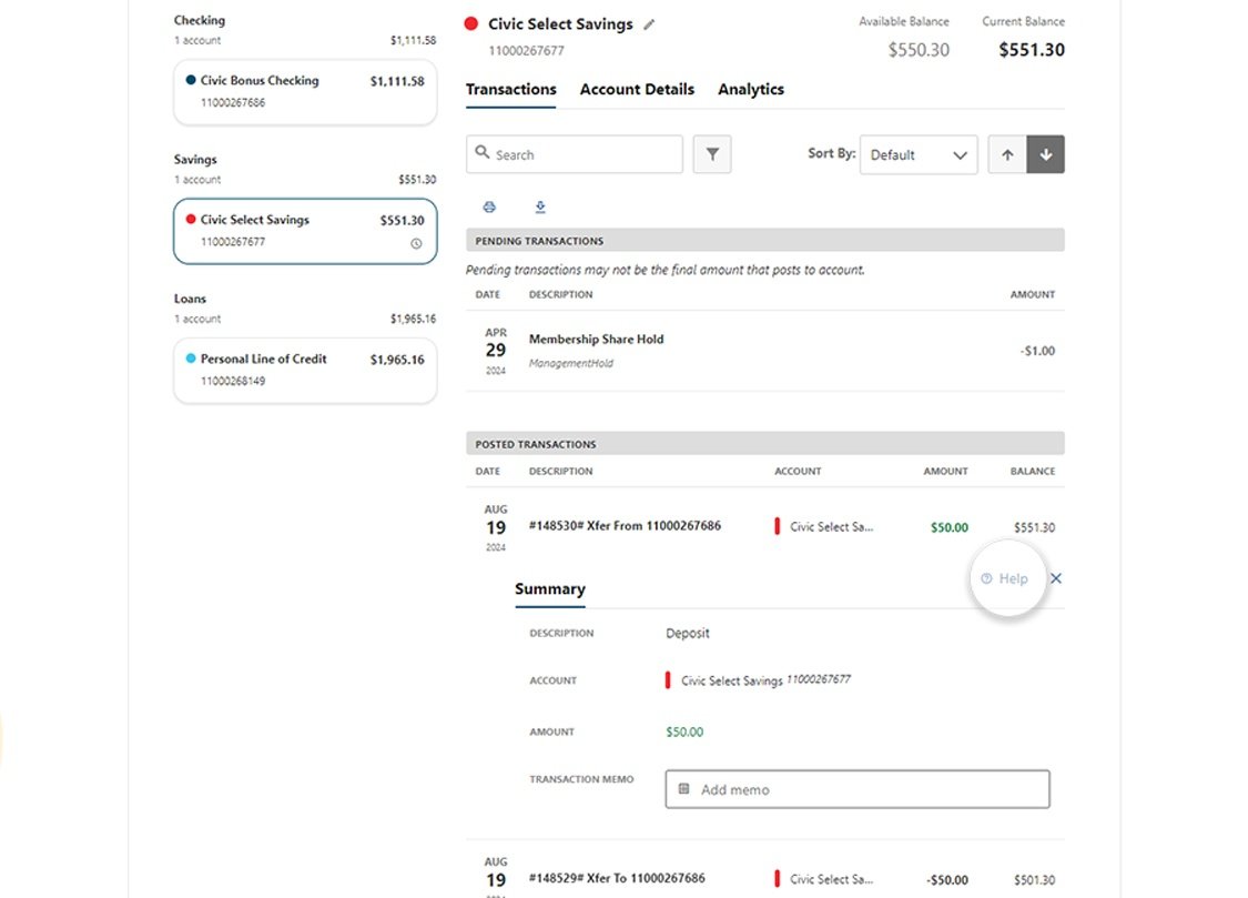 Civic online banking screen that highlights the selection of help inside the transaction details