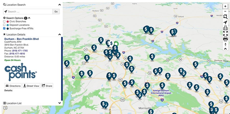 Civic online banking screen that displays ATM locations.