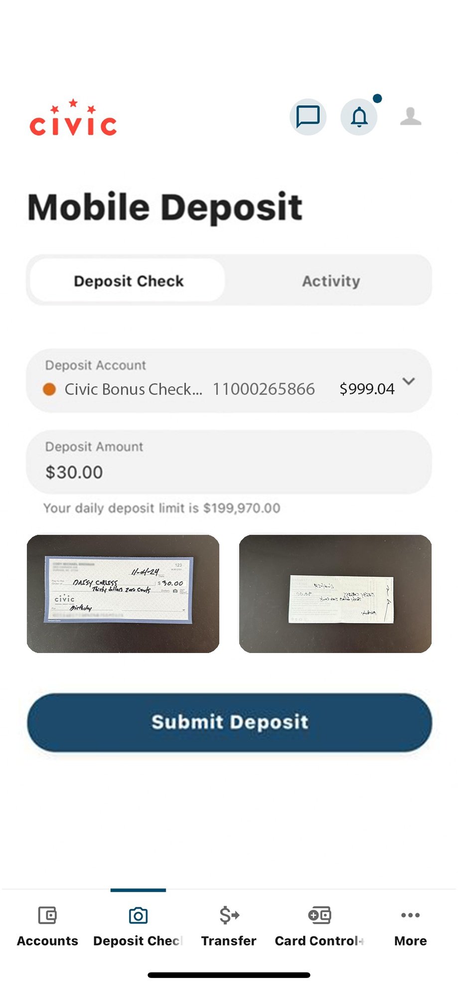 Civic app screen that highlights the selection of submit deposit.