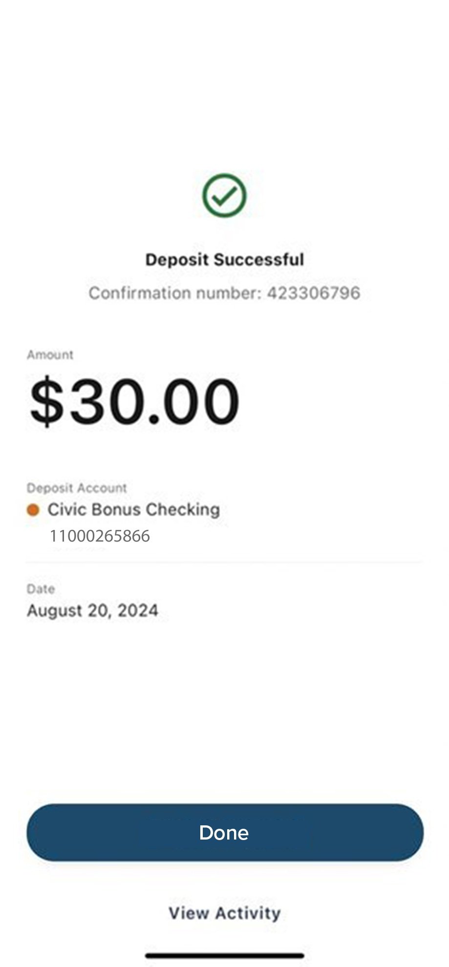 Civic app screen that confirms a successful check deposit.