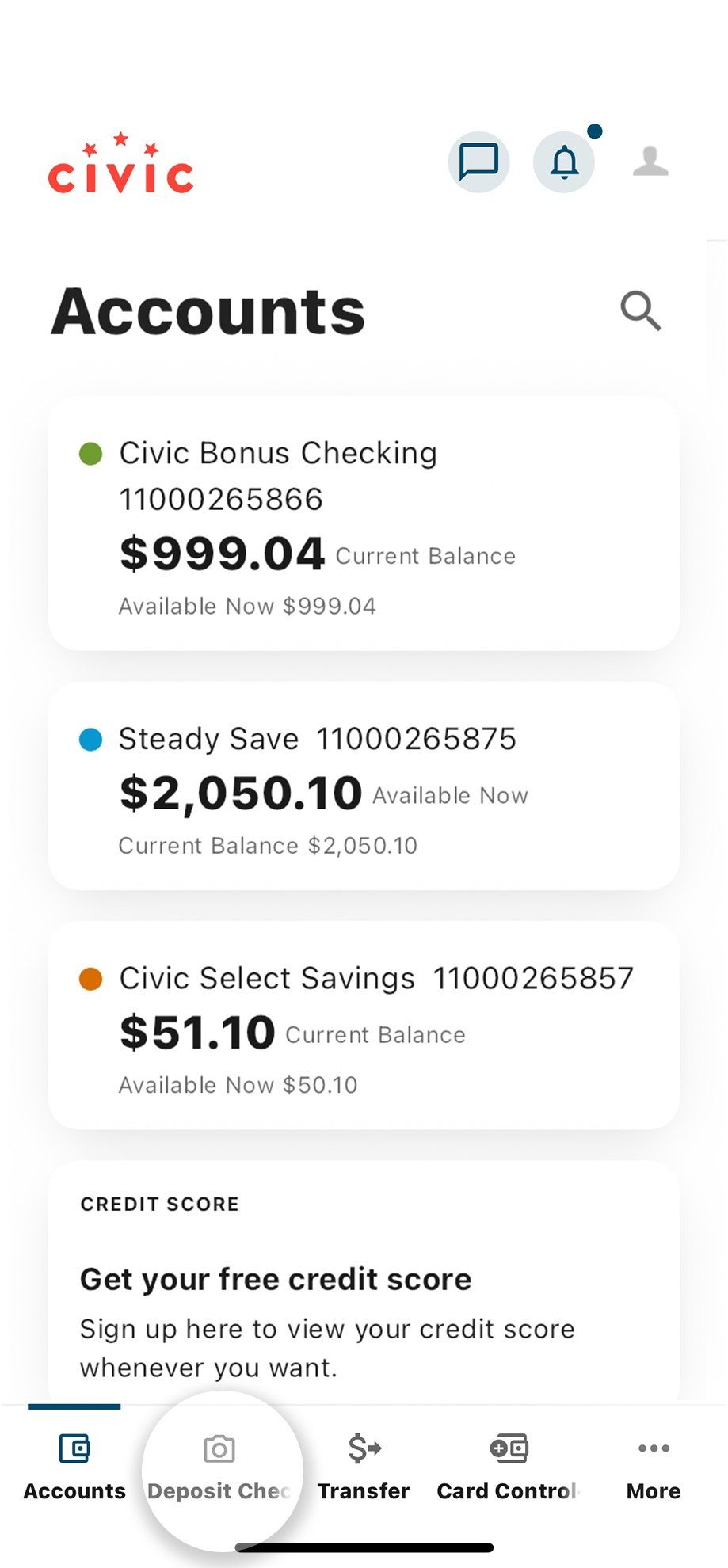 Civic app screen that highlights the selection of deposit check.