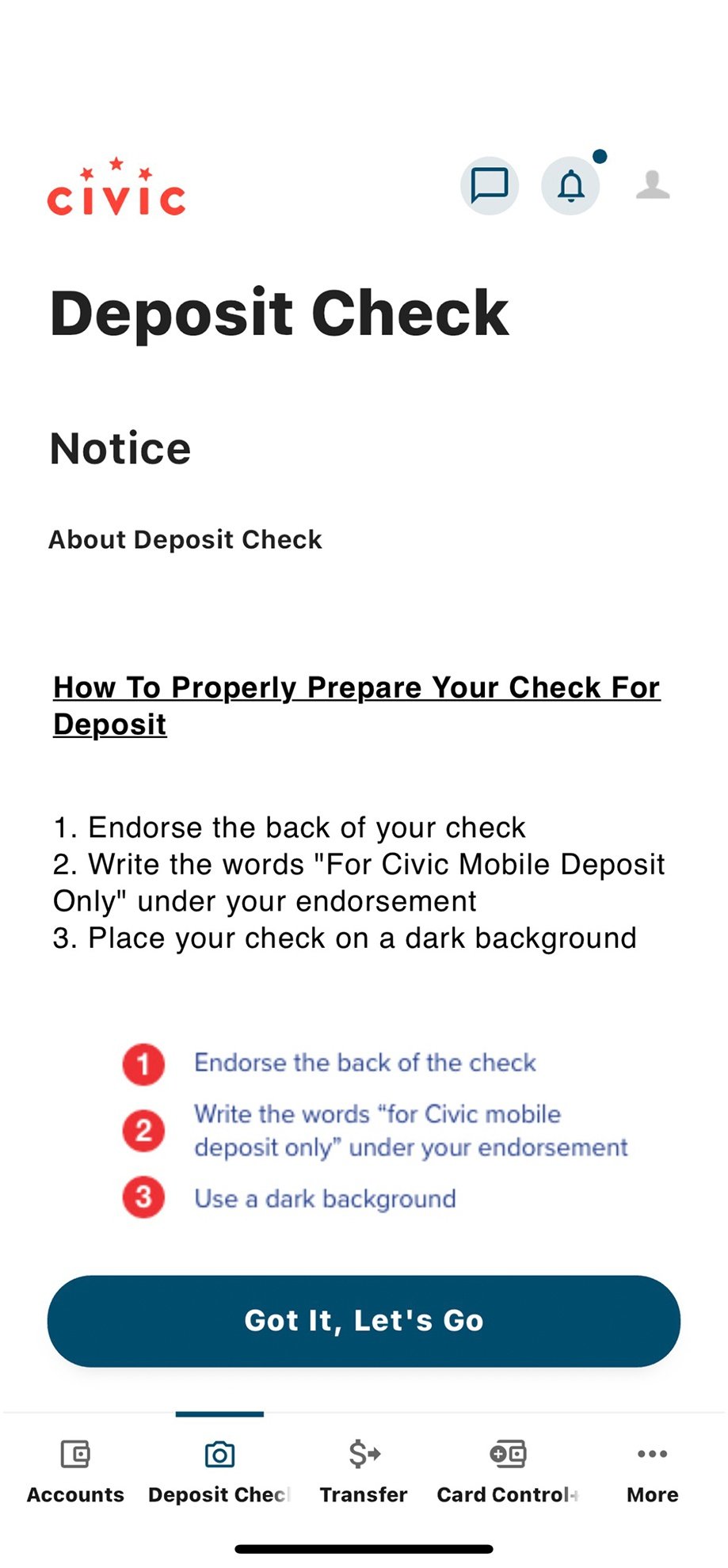 Civic app screen that shows the details required for depositing a check.