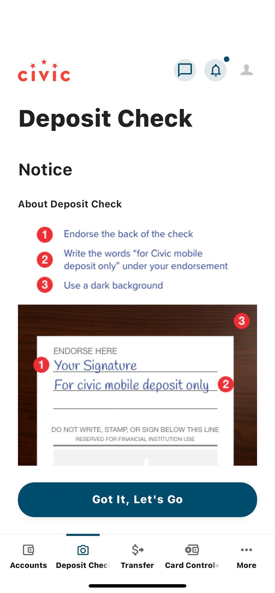 Civic app screen that shows the details of signing a check for deposit.