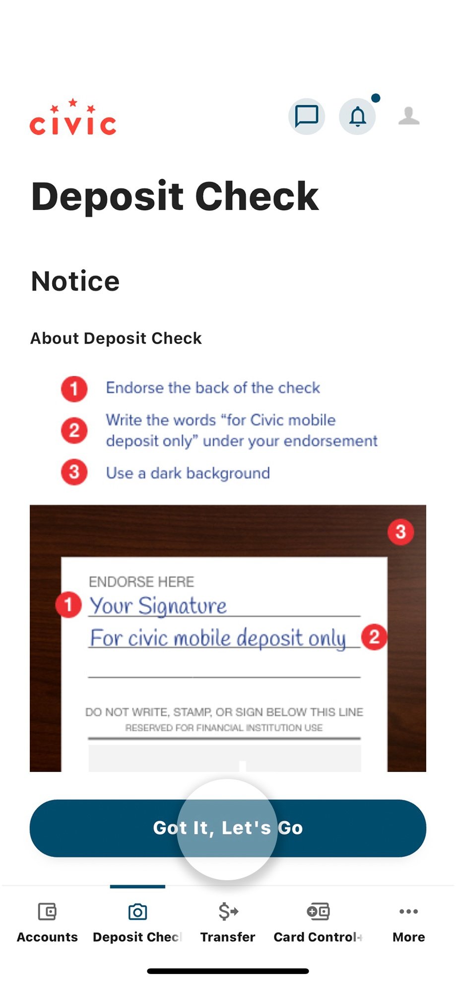 Civic app screen that highlights the selection of "Got it, let's go."