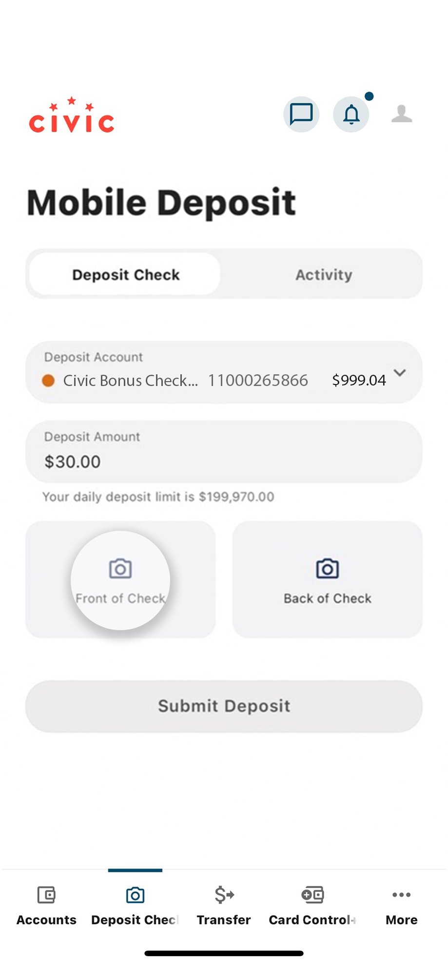 Civic app screen that highlights the selection of front of check.