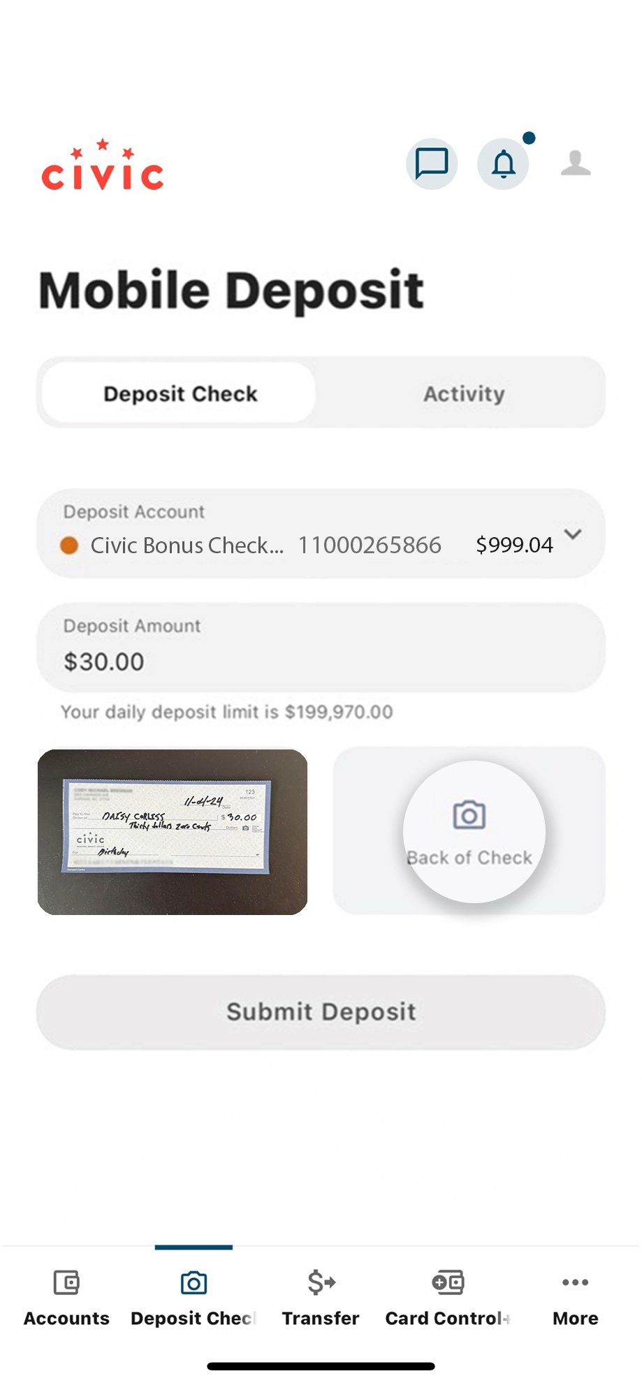 Civic app screen that highlights the selection of back of check.