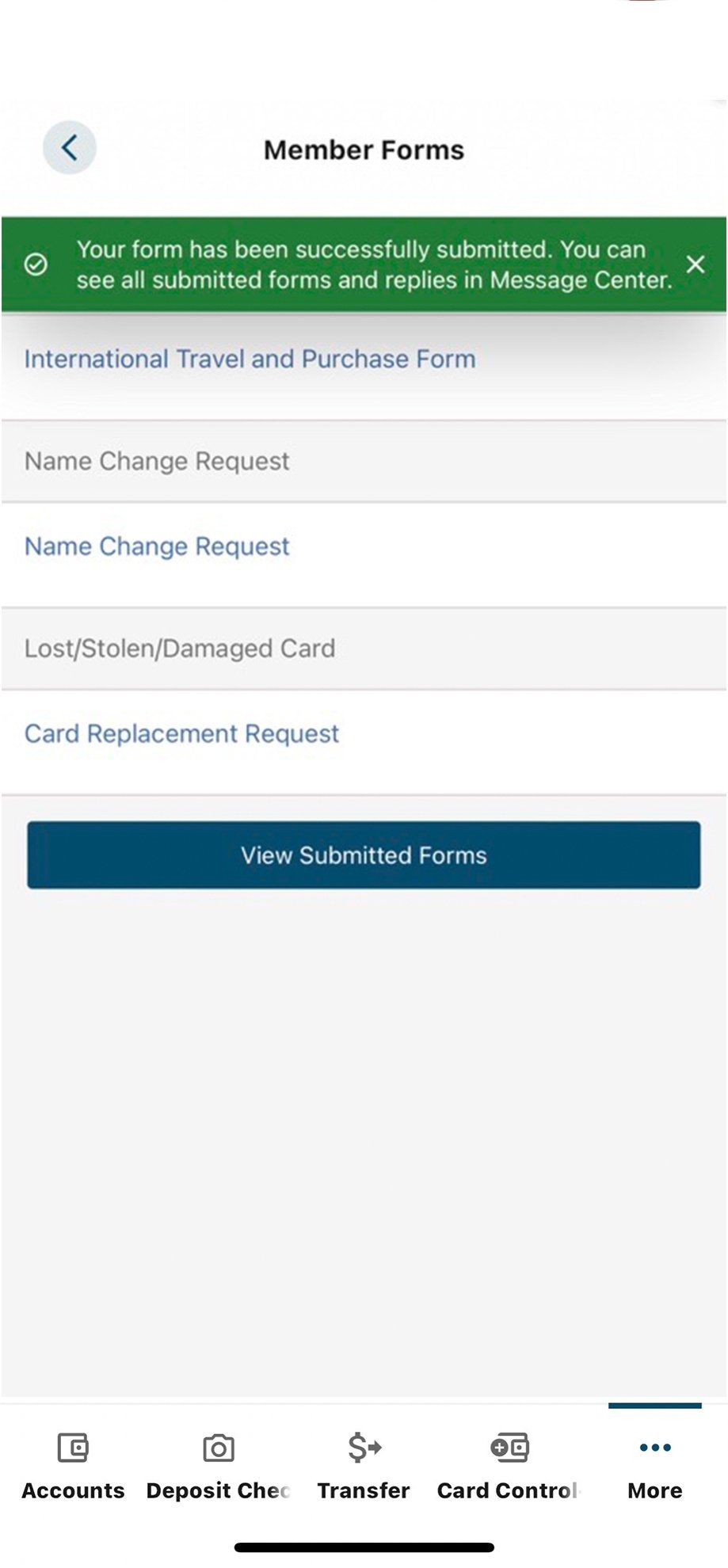 Civic app screen that confirms a successful replacement request.