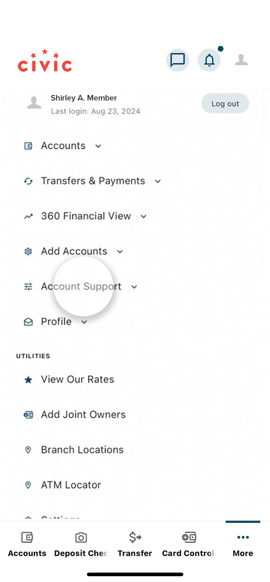 Civic app screen that highlights the selection of account support.