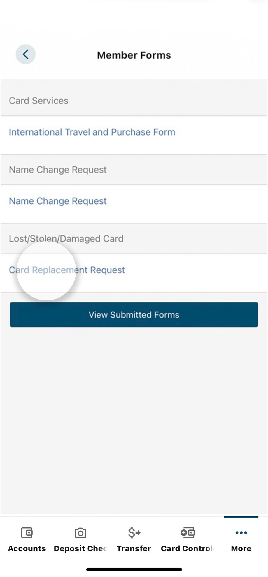 Civic app screen that highlights the selection of card replacement request.