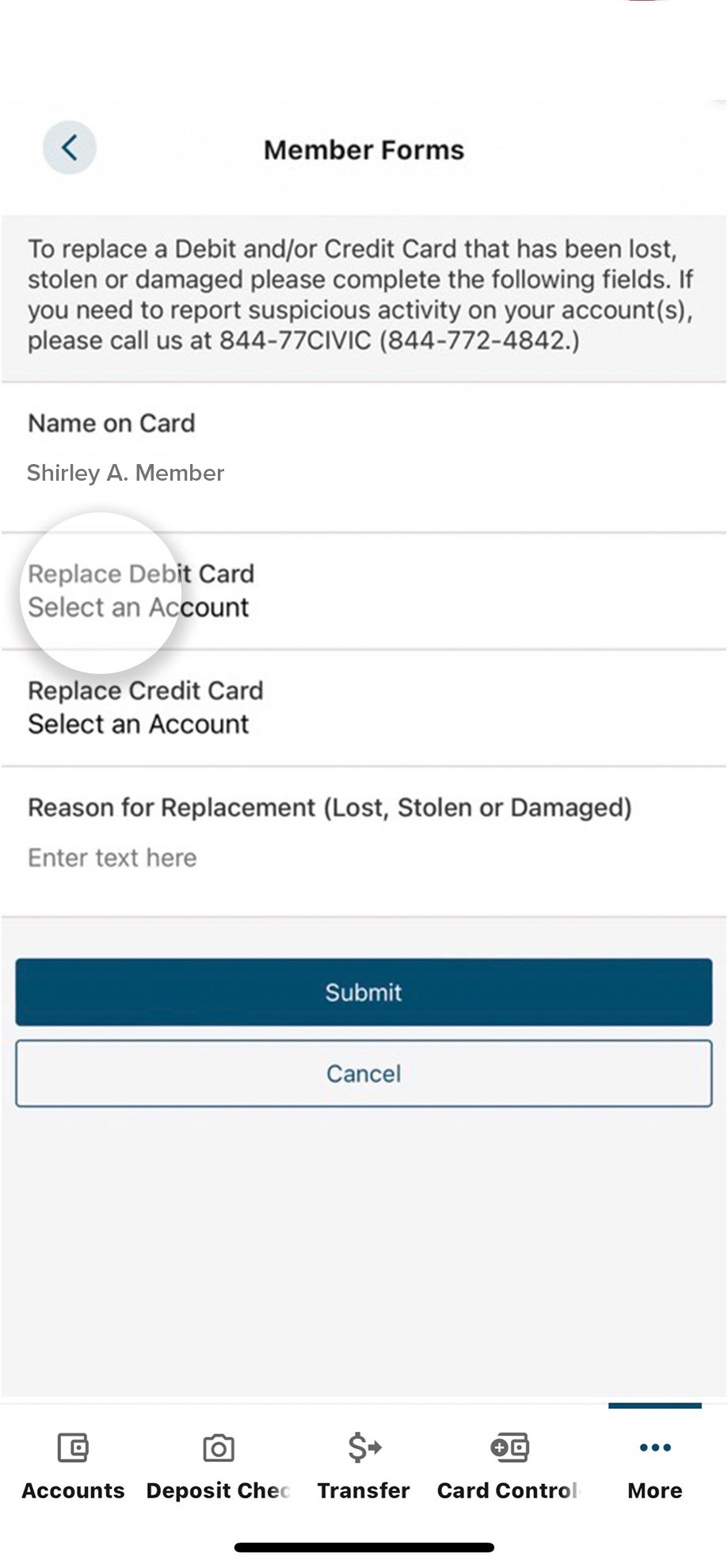 Civic app screen that highlights the selection of the account dropdown.