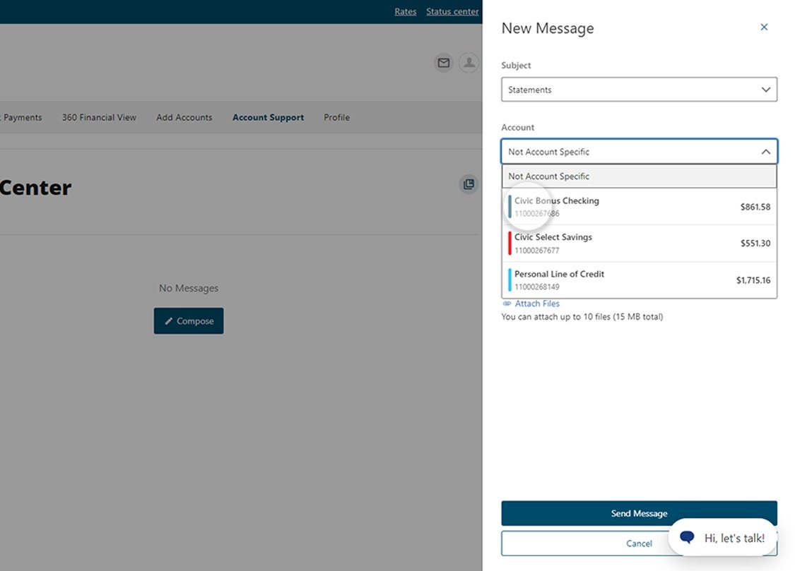 Civic online banking screen that highlights the selection of an account.