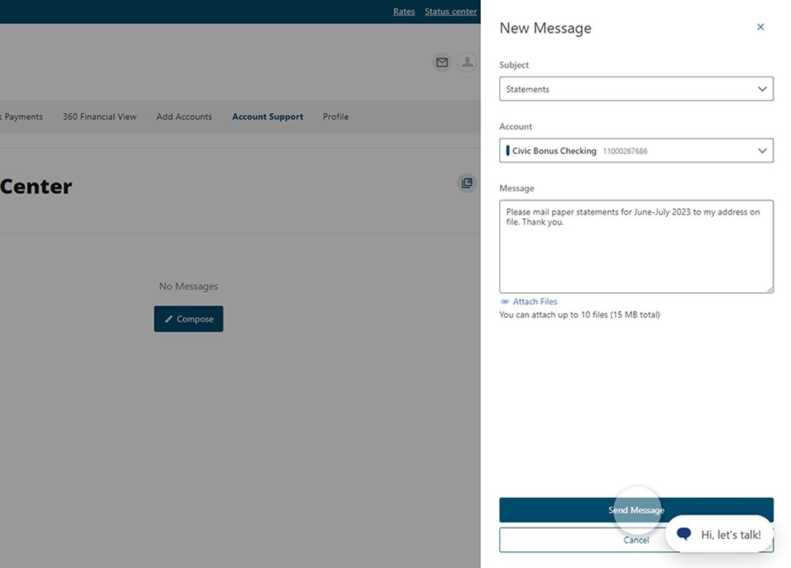 Civic online banking screen that highlights the selection of send message button.