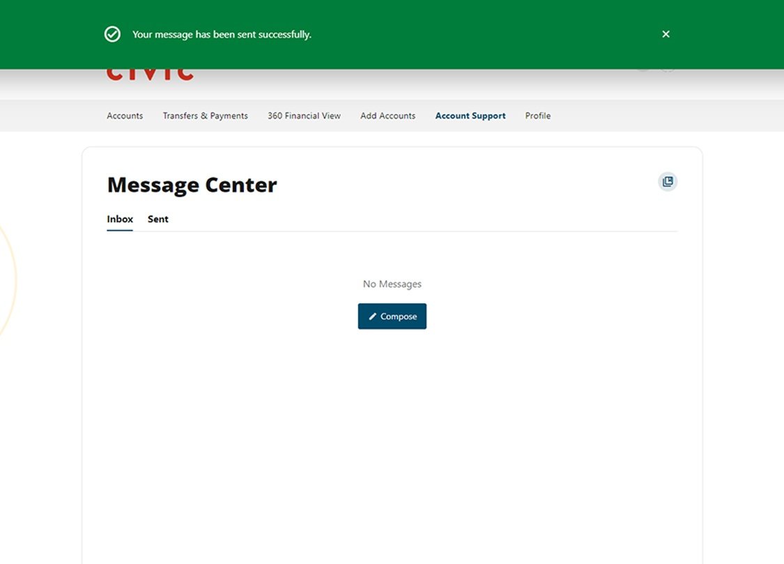 Civic online banking screen that confirms the sent message.