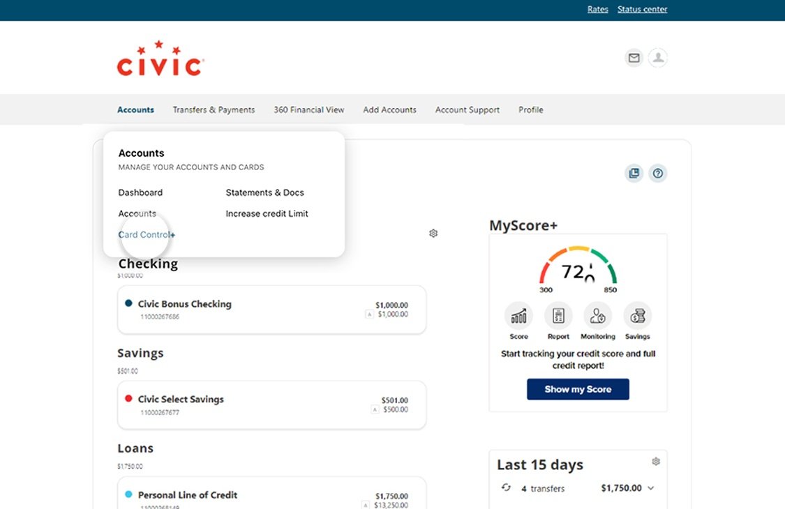 Civic online banking screen that highlights the selection of Control+.