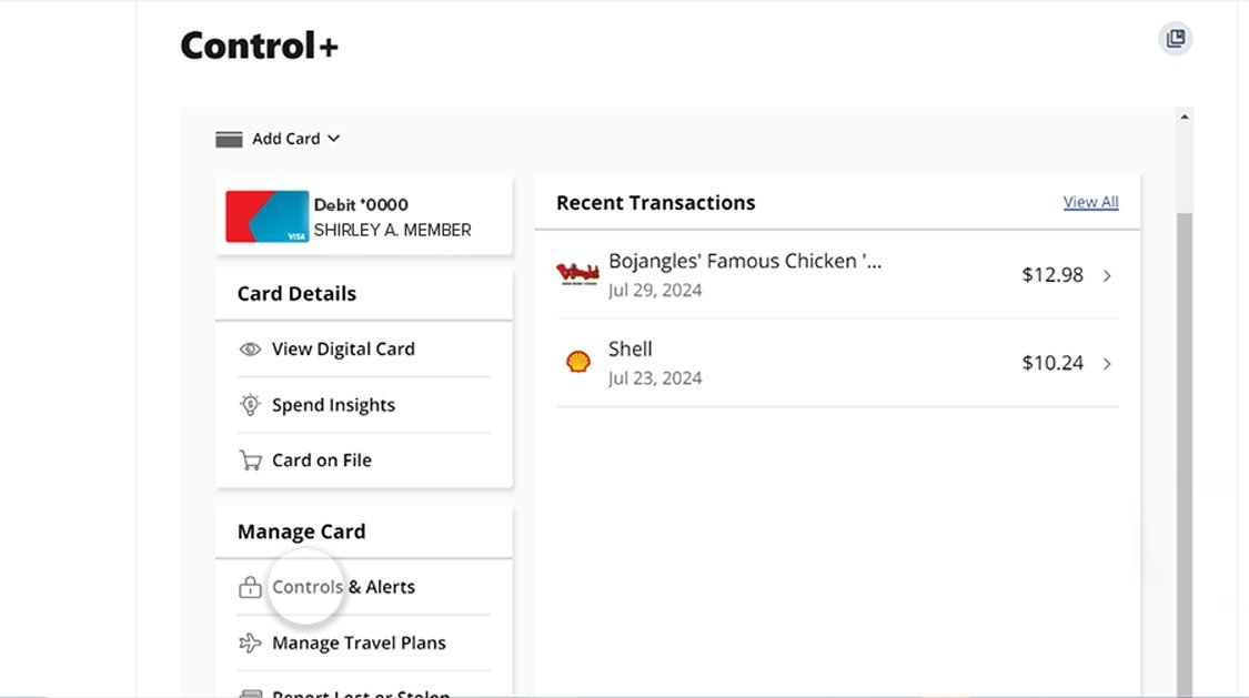 Civic online banking screen that highlights the section of Control & Alerts.