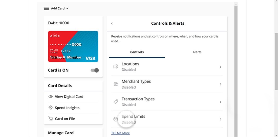 Civic online banking screen that highlights the selection of spend limits.