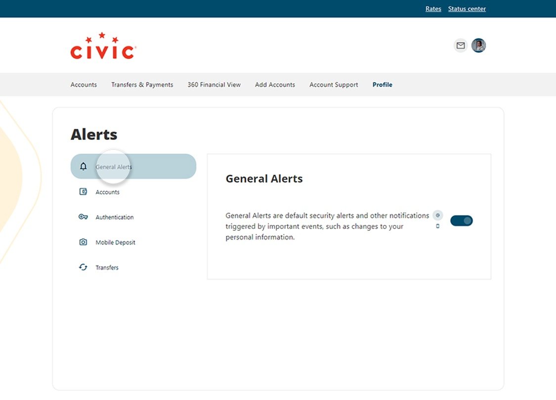 Civic online banking screen that highlights the selection of general alerts.