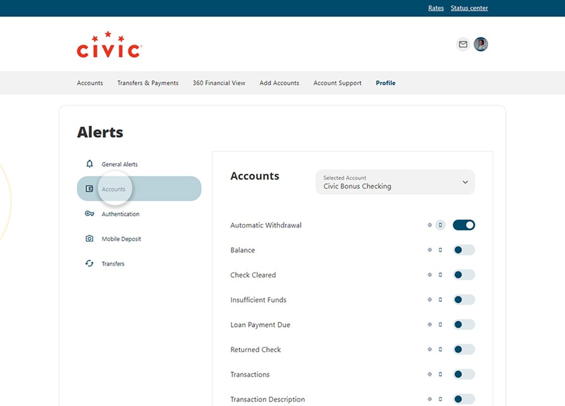 Civic online banking screen that highlights the selection of accounts in the menu.