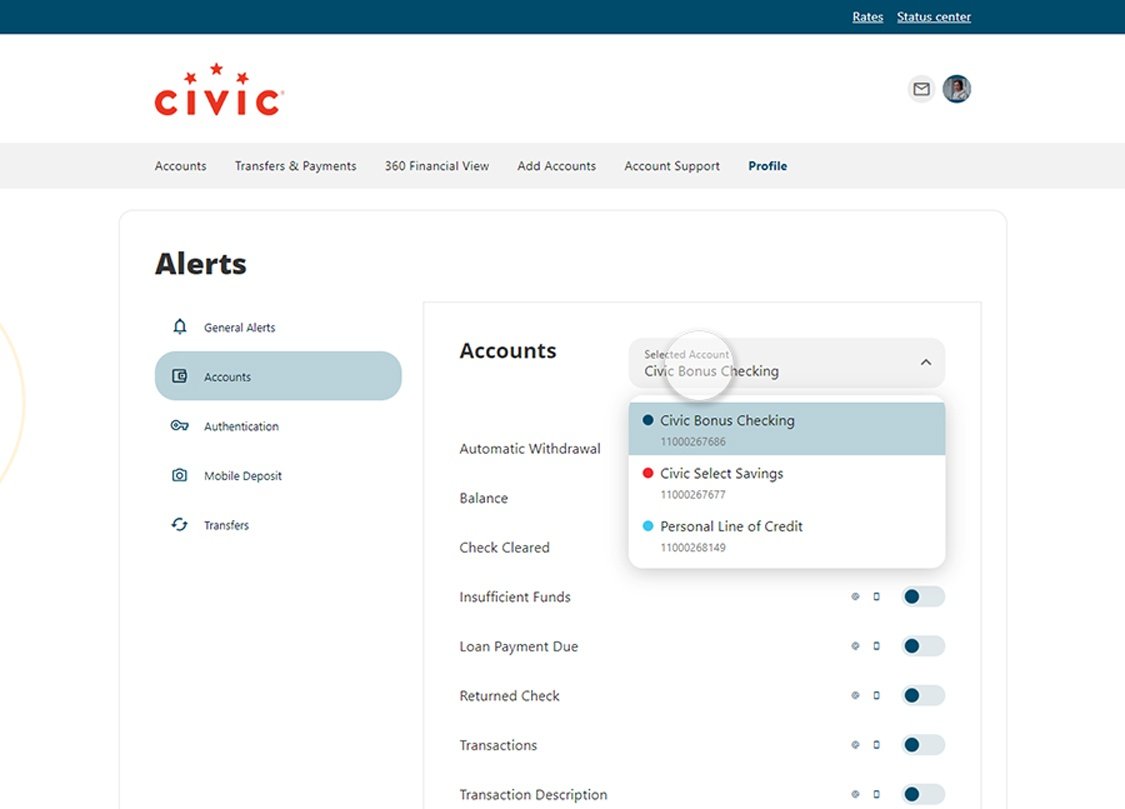 Civic online banking screen that highlights the selection of an account.