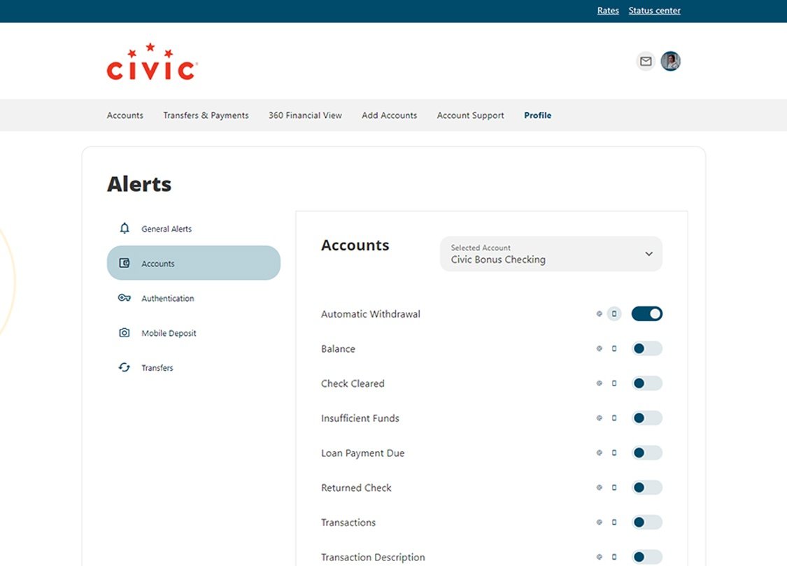 Civic online banking screen that shows the list of alerts.