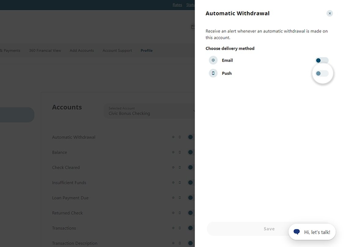 Civic online banking screen that highlights the selection of push notification toggle.