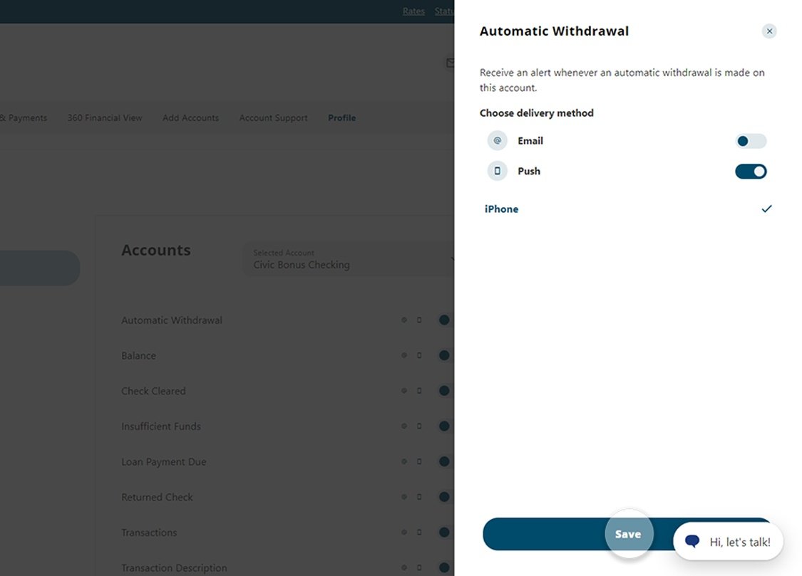 Civic online banking screen that highlights the selection of save.