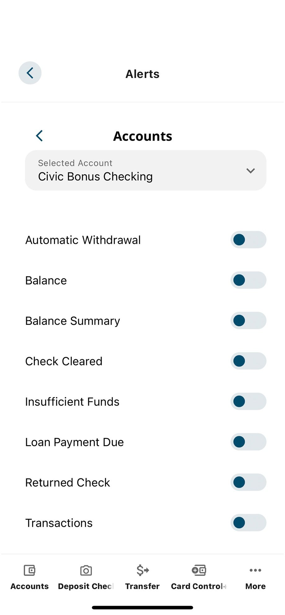 Civic app screen that shows the account selection and alert options.