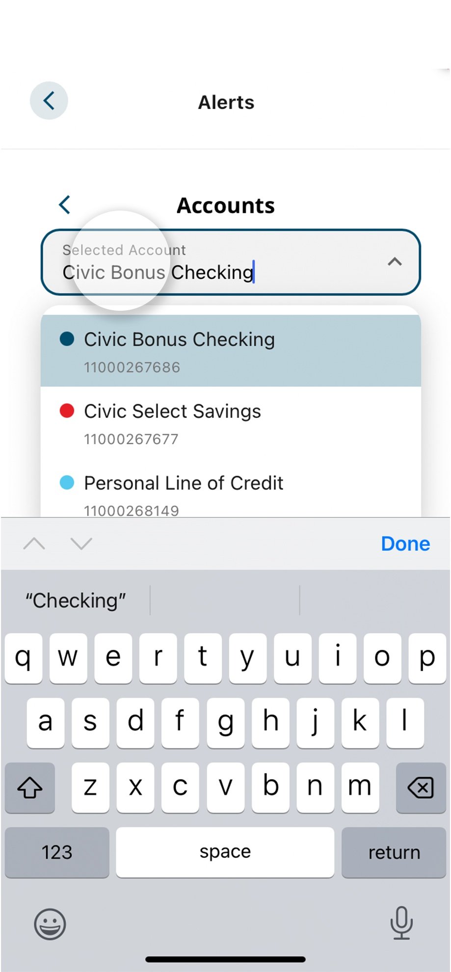 Civic app screen that highlights the selection of an account.