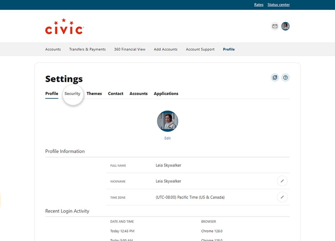 Civic online banking screen that highlights the selection of security.