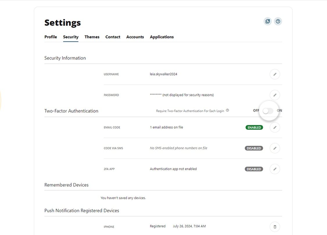 Civic online banking screen that highlights the selection of the on and off toggle.