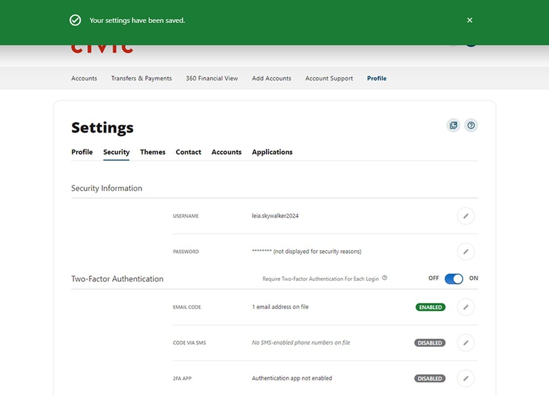 Civic online banking screen that confirms 2-factor authentication.