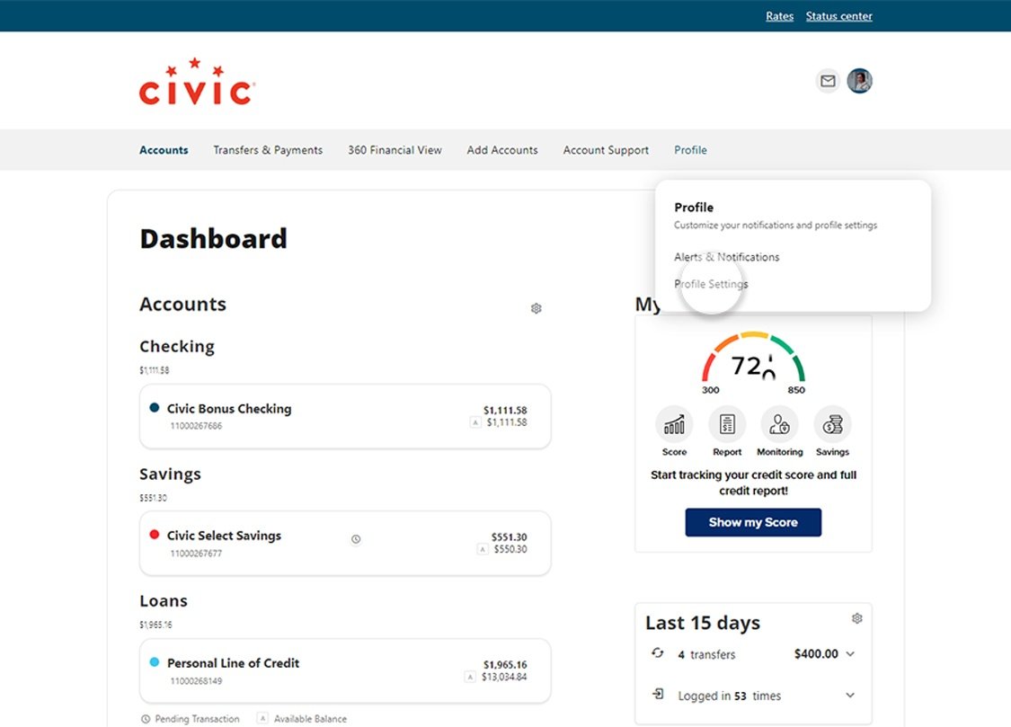 Civic online banking screen that highlights the selection of profile settings.