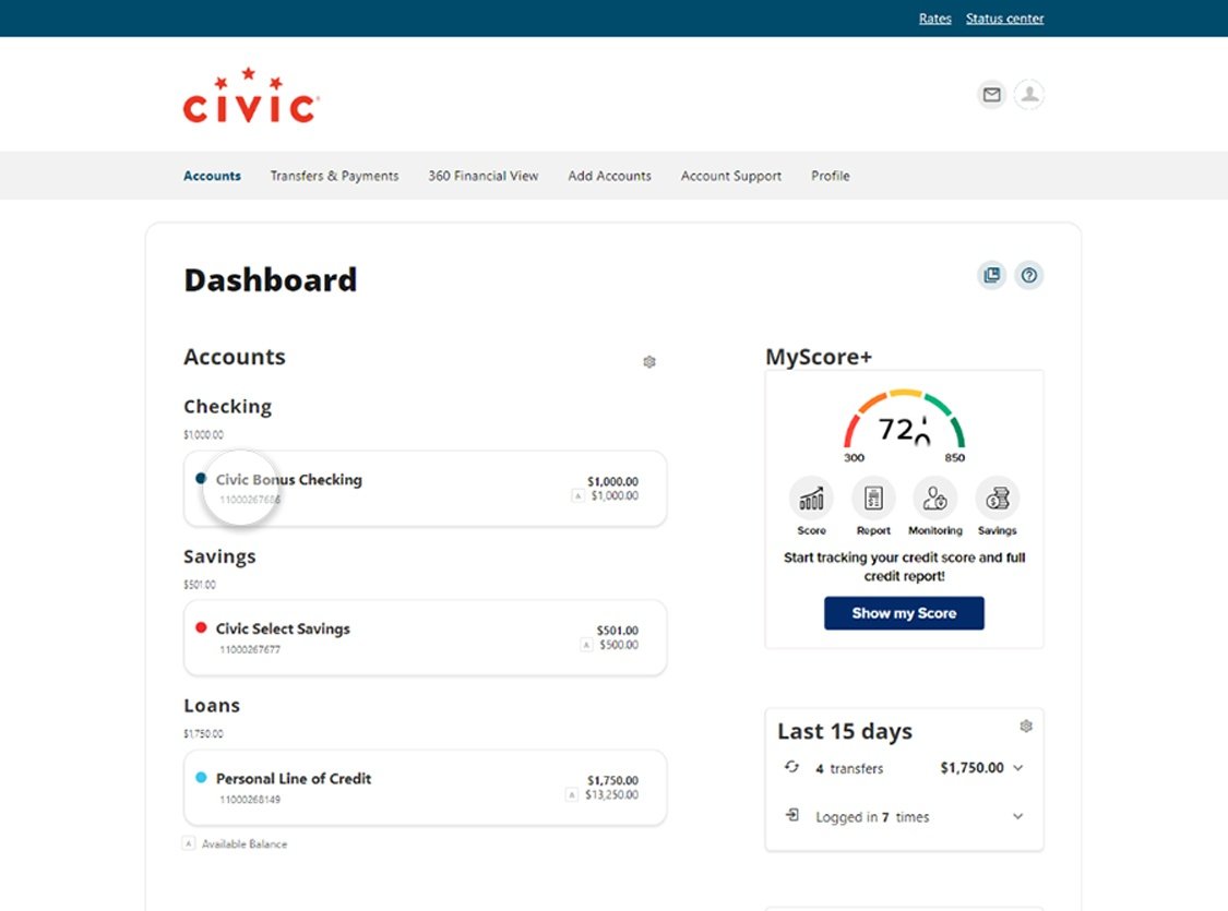 Civic online banking screen that highlights the selection of an account.