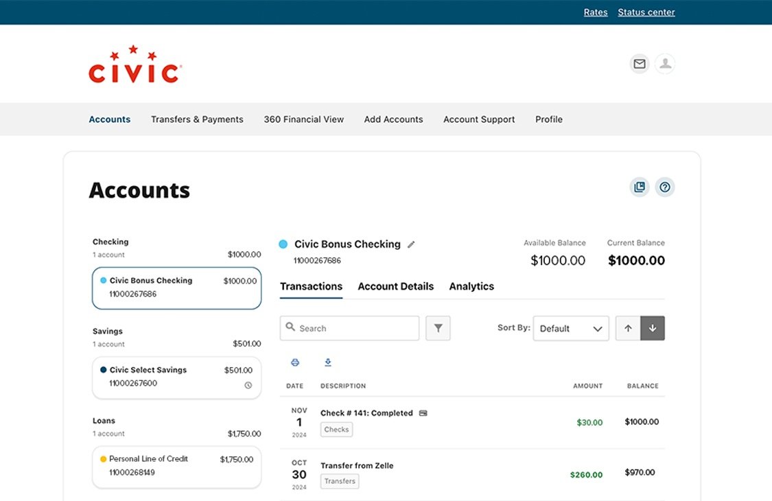 Civic online banking screen that displays account transaction details.