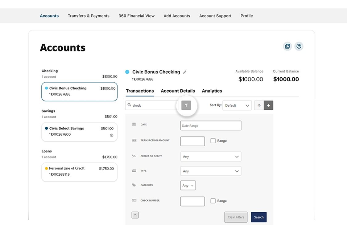 Civic online banking screen that highlights the selection of search filter.