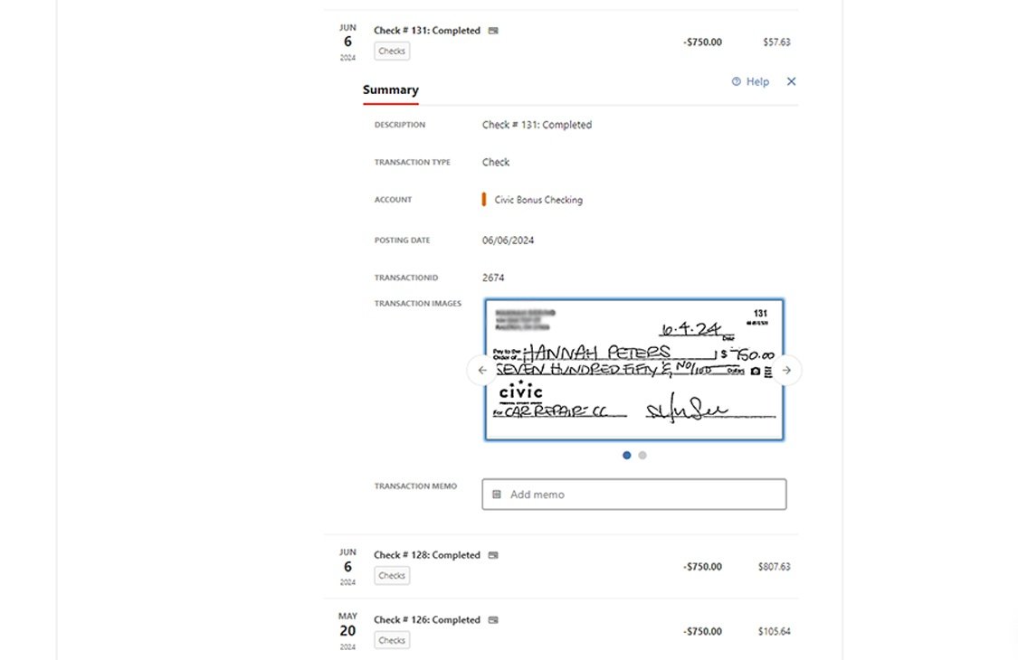 Civic online banking screen that shows the details of a deposited check.