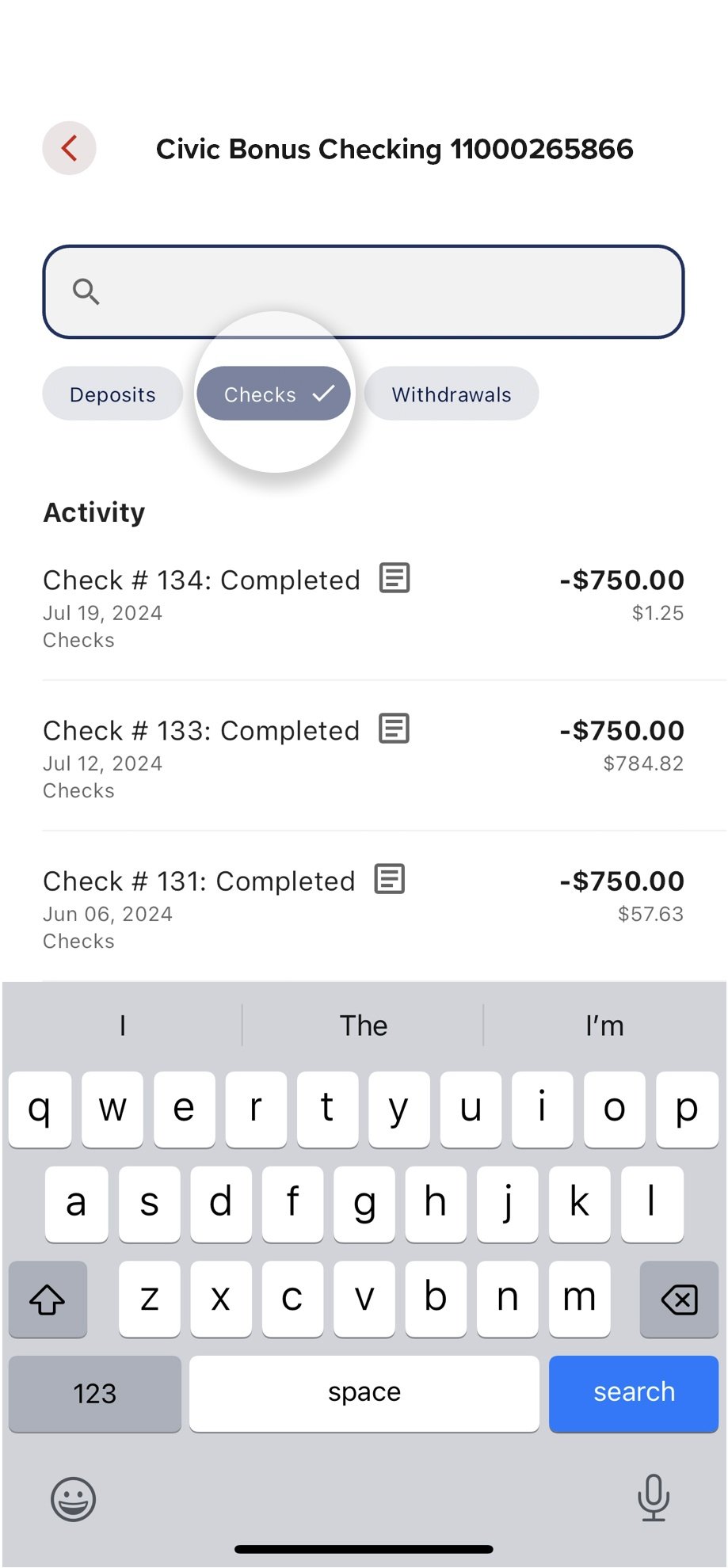 Civic app screen that highlights the selection of checks filter.