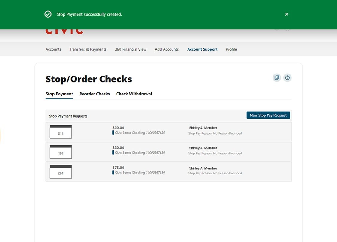Civic online banking screen showing confirmation screen.