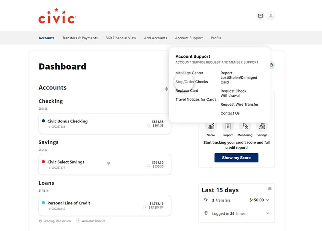 Civic online banking screen showing Account Support menu drop-down