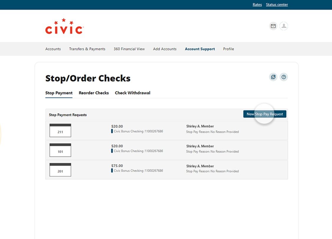 Civic online banking screen showing recent checks. 