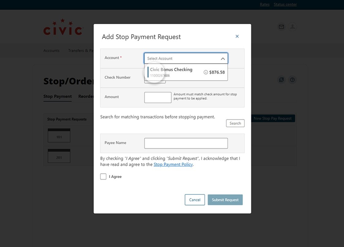 Civic online banking screen highlighting account selection for the check. 