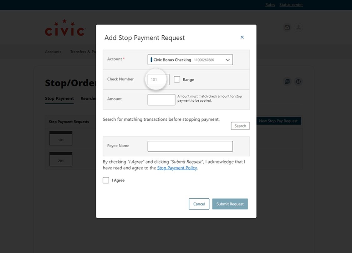 Civic online banking screen highlighting the check number input.