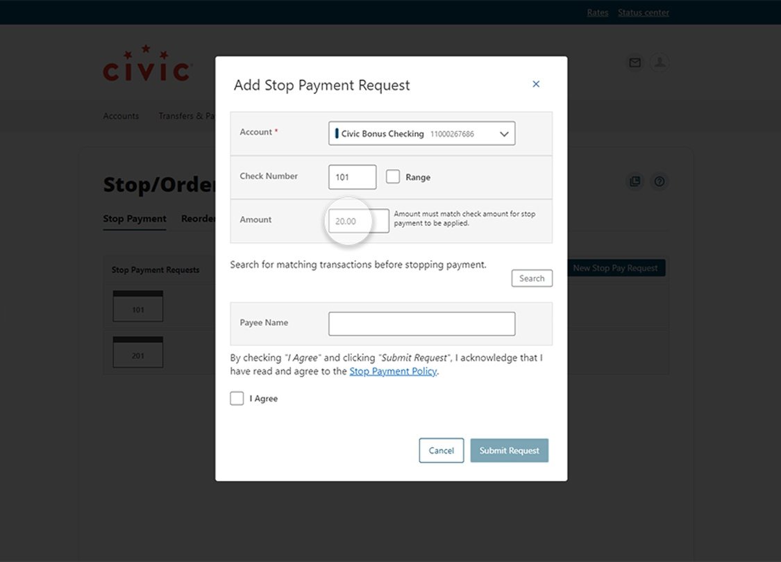 Civic online banking screen highlighting check amount input. 