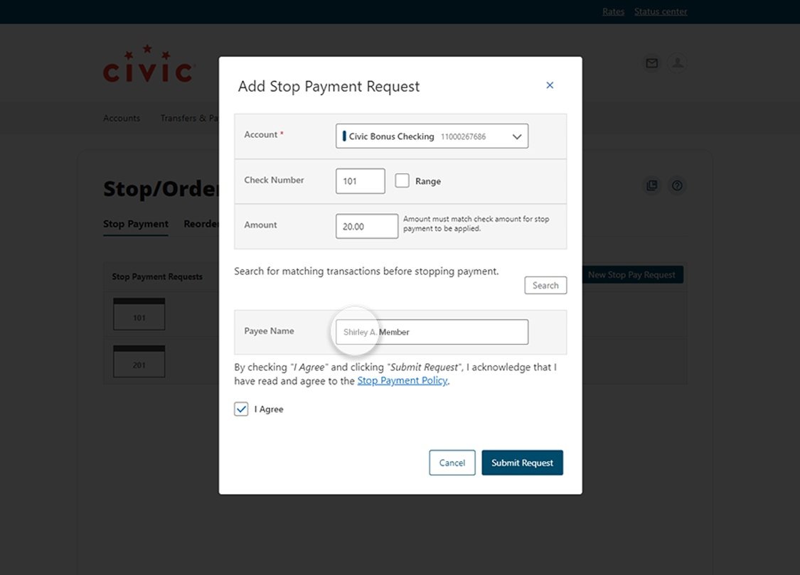 Civic online banking screen highlighting the payee name input.