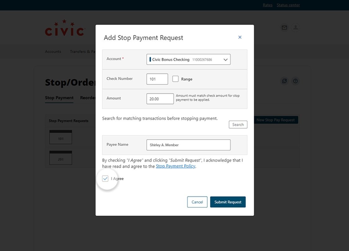 Civic online banking screen highlighting checkbox agreeing to policy.