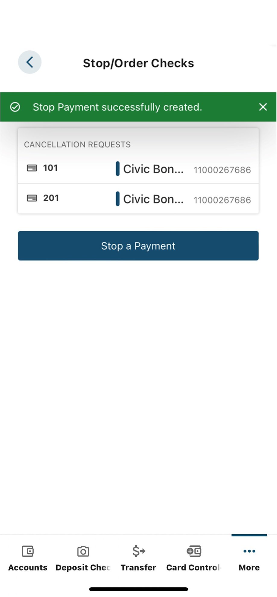 Civic app screen showing conformation after submitting request. 