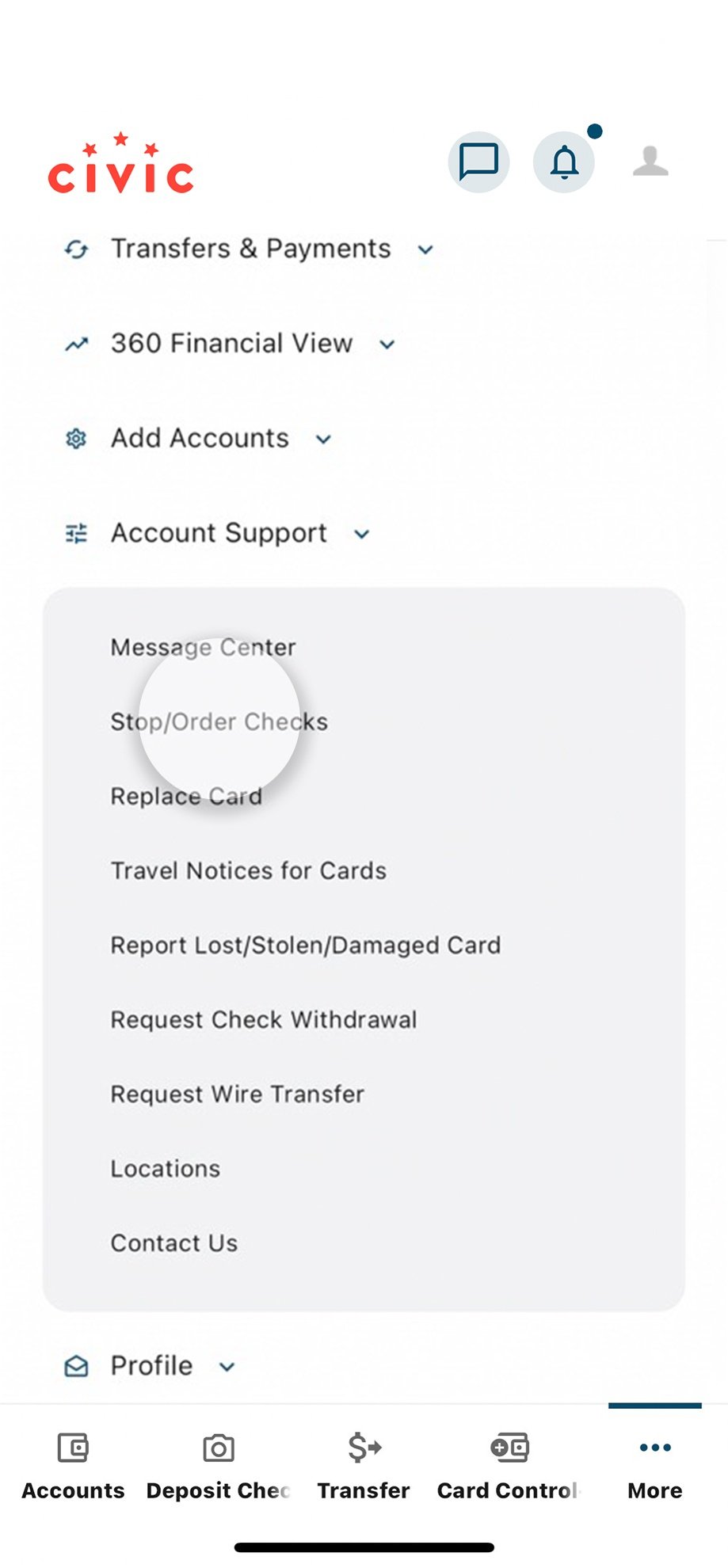 Civic app screen that highlights the selection of stop/order checks under account support.